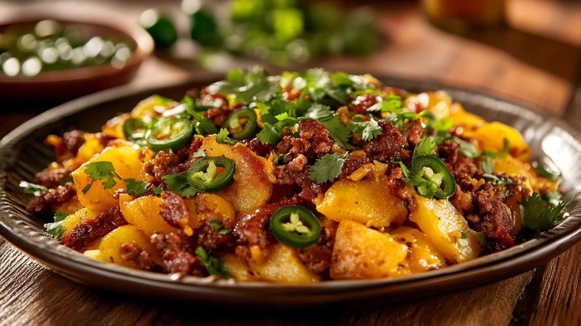 Papas con chorizo on a rustic plate with fresh garnish.