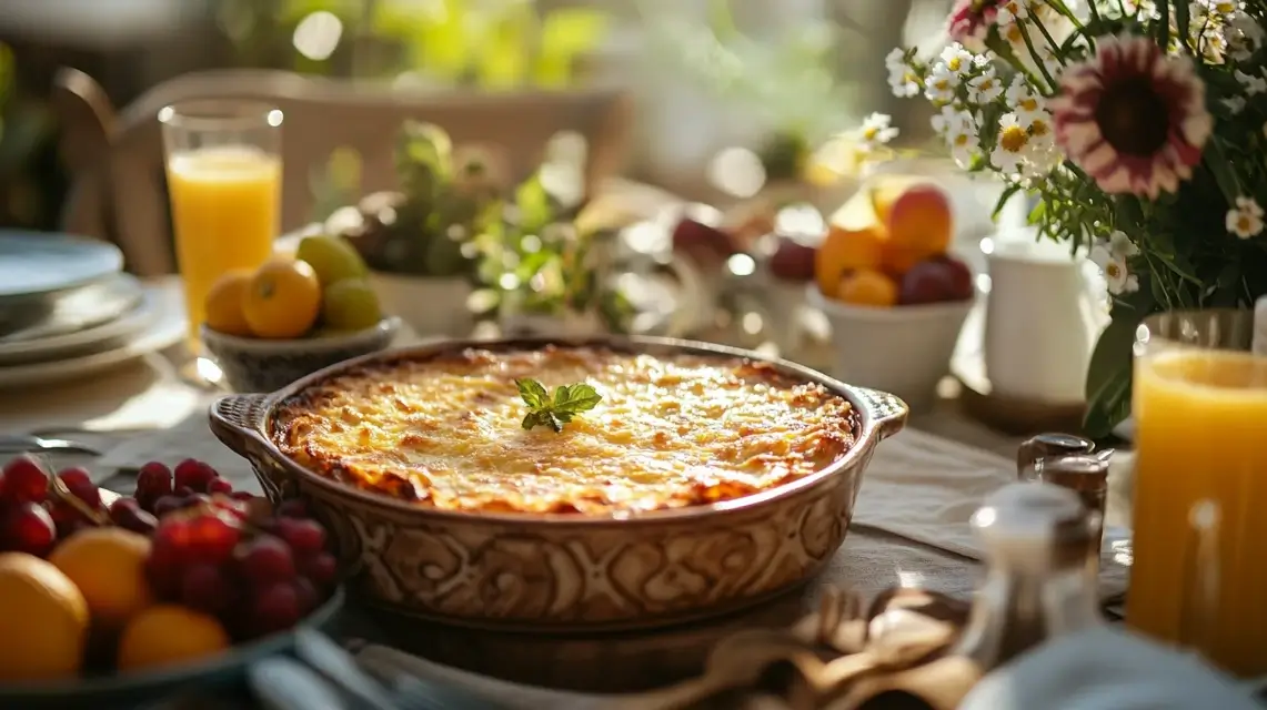 A Paula Deen breakfast casserole served with fruit and juice.