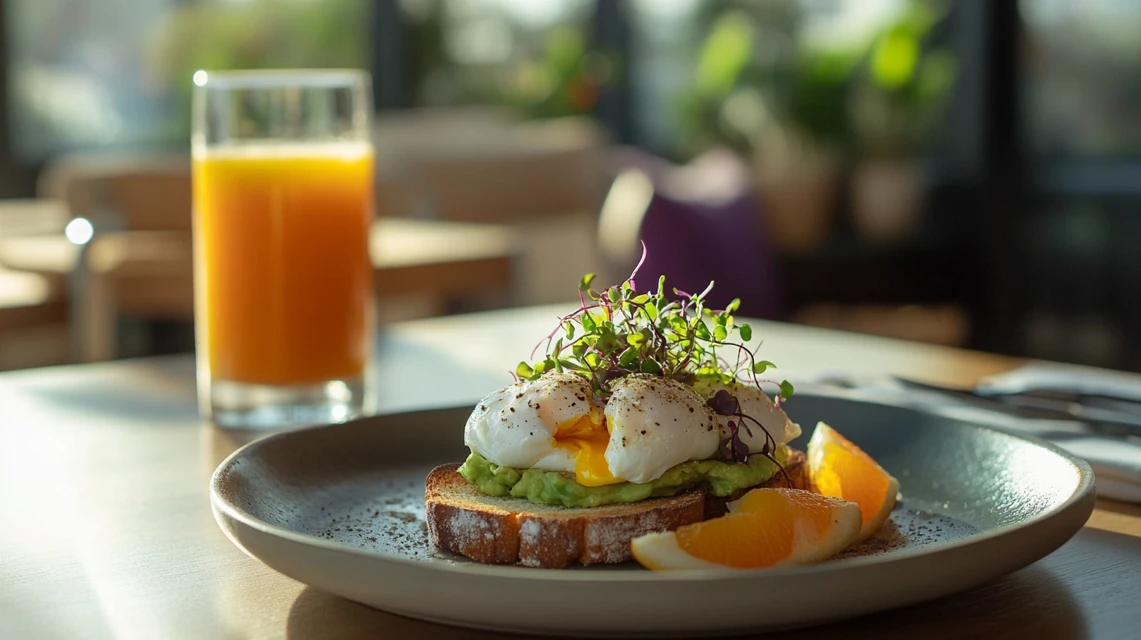 Plate of air fryer poached eggs on toast with a bright breakfast setup.