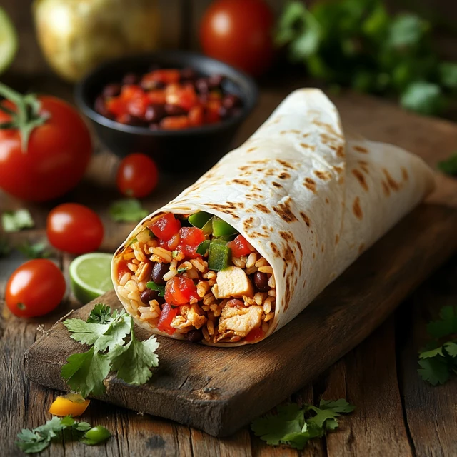 Chicken burrito with fresh ingredients on a wooden table.