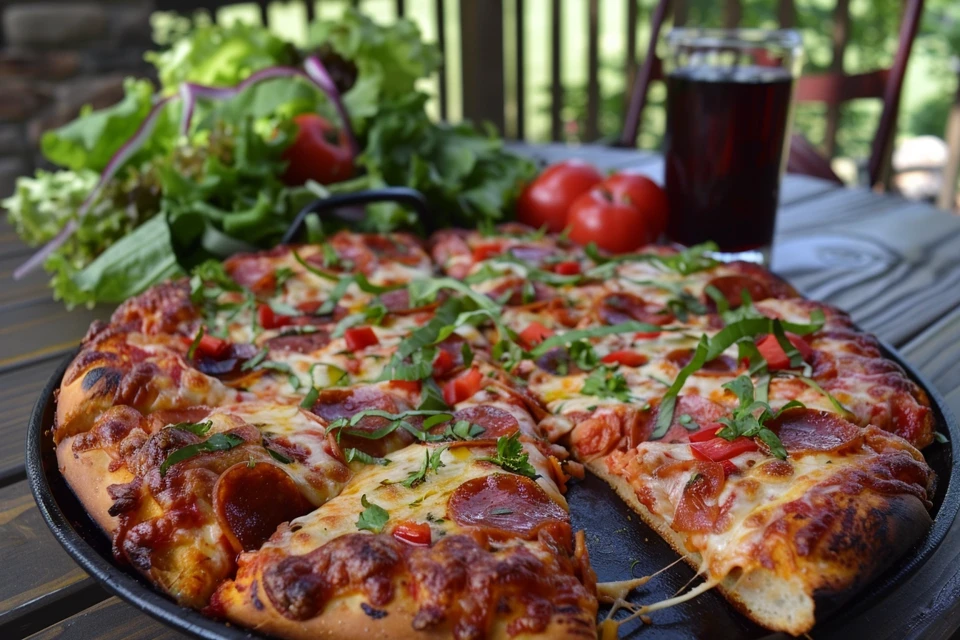 Freshly baked pizza in a cast iron pizza pan topped with basil.