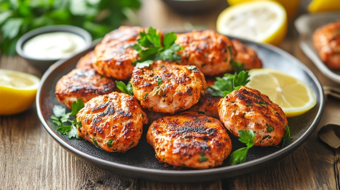 Golden-brown salmon patties with dipping sauce on a wooden table