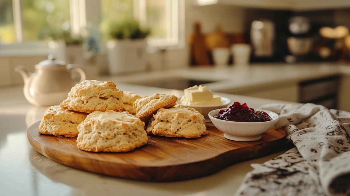 Freshly Baked Sourdough Scones on Rustic Tray