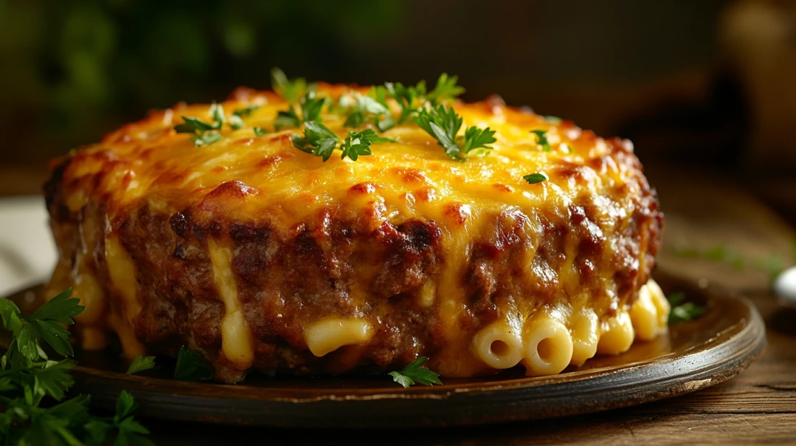 Mac and Cheese Meatloaf Casserole on a Rustic Table