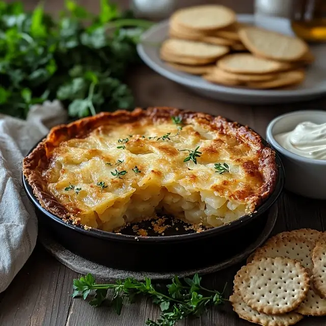 Golden Passover potato pie in a rustic baking dish.