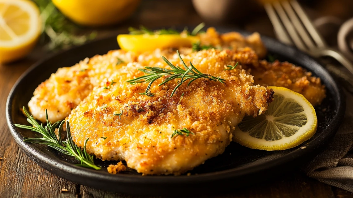 A plate of perfectly cooked Galena Chicken garnished with herbs and lemon.