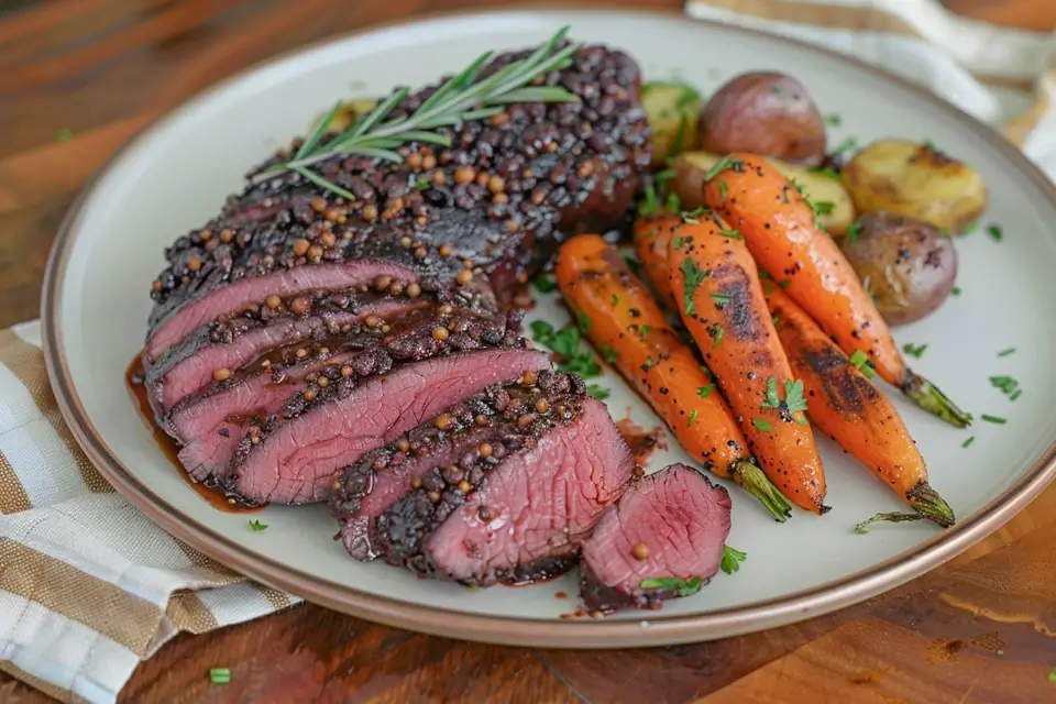 Tender venison roast sliced and served with vegetables.