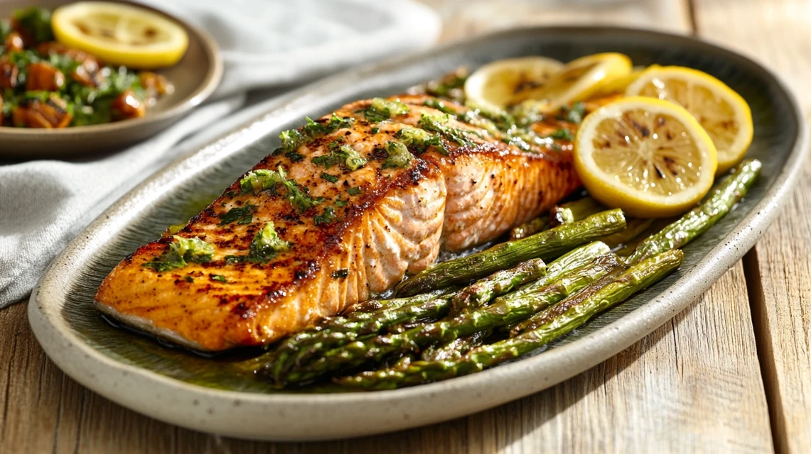 Grilled Keta Salmon with Asparagus and Lemon