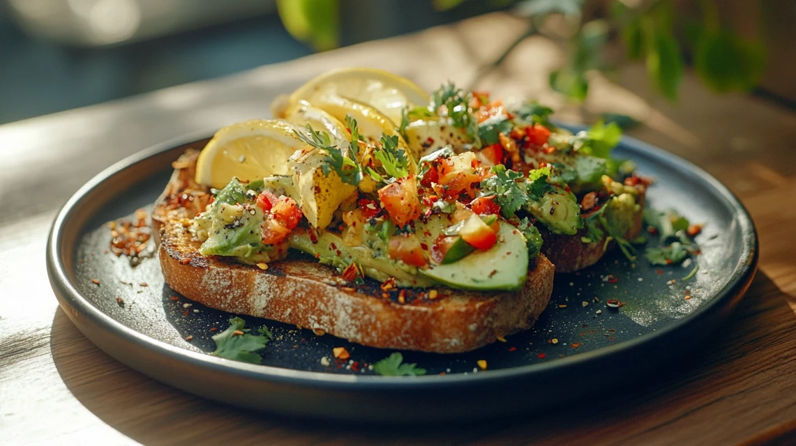 Stylish avocado toast with vibrant seasonings on a rustic table