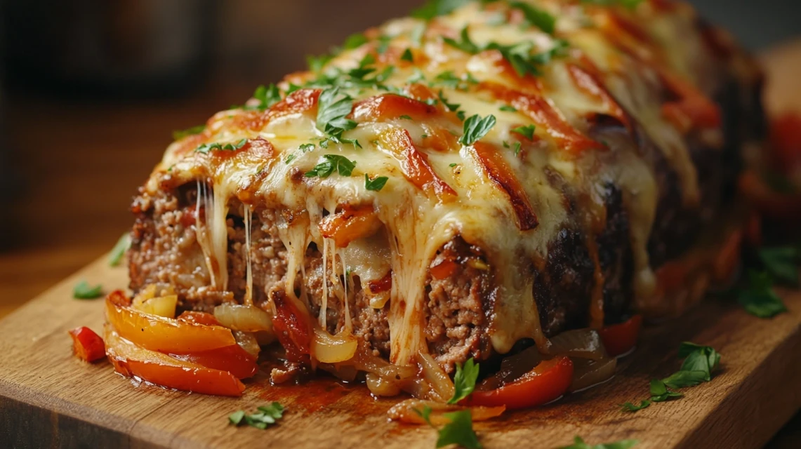 A slice of Philly cheesesteak meatloaf on a cutting board