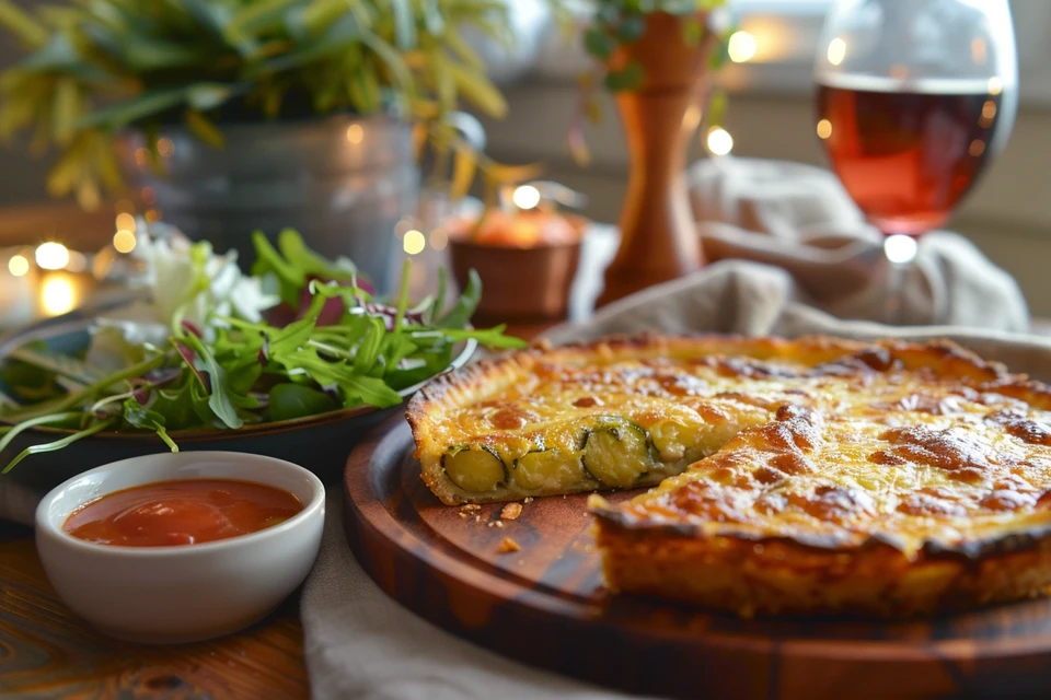 Pickle pie pizza served with salad and dipping sauces.