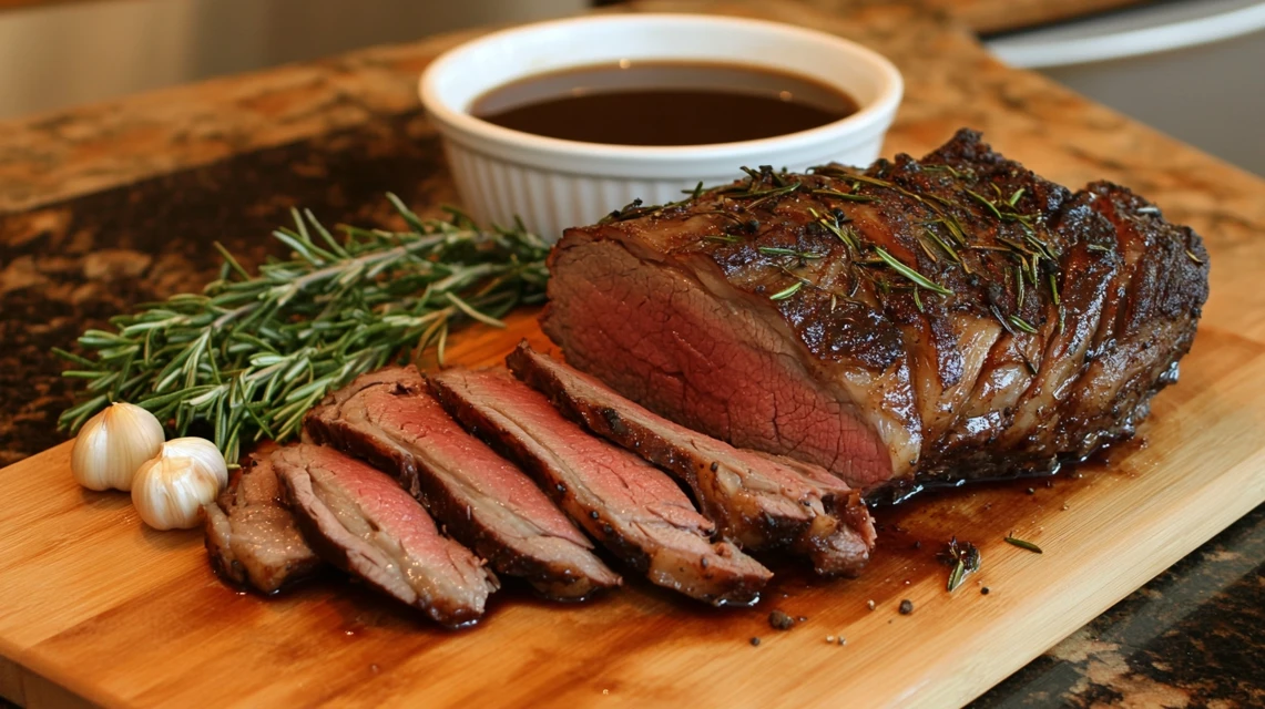 Perfectly Cooked Poor Man’s Prime Rib on a Wooden Board