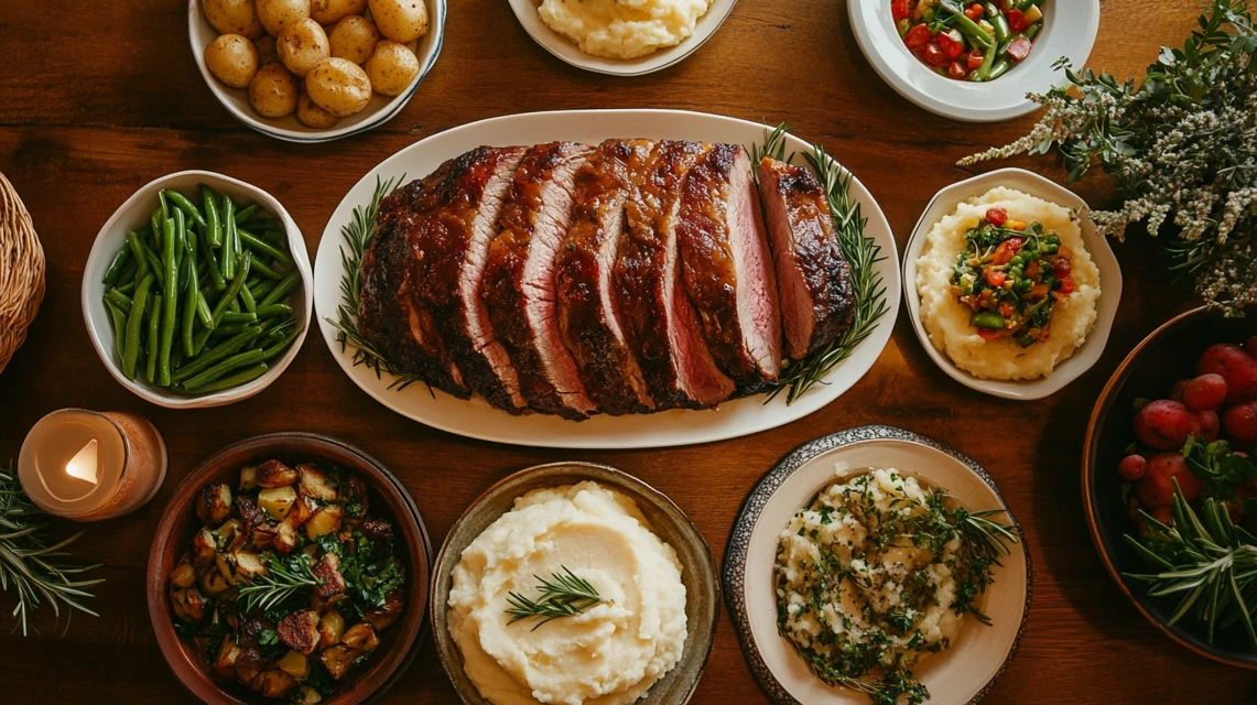 Poor Man’s Prime Rib with sides of mashed potatoes and green beans on a rustic table.