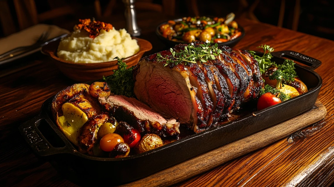 Perfectly roasted Poor Man’s Prime Rib with sides.