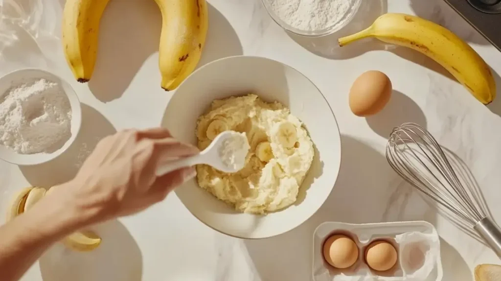 Hands mashing bananas for muffin batter in a bright kitchen.