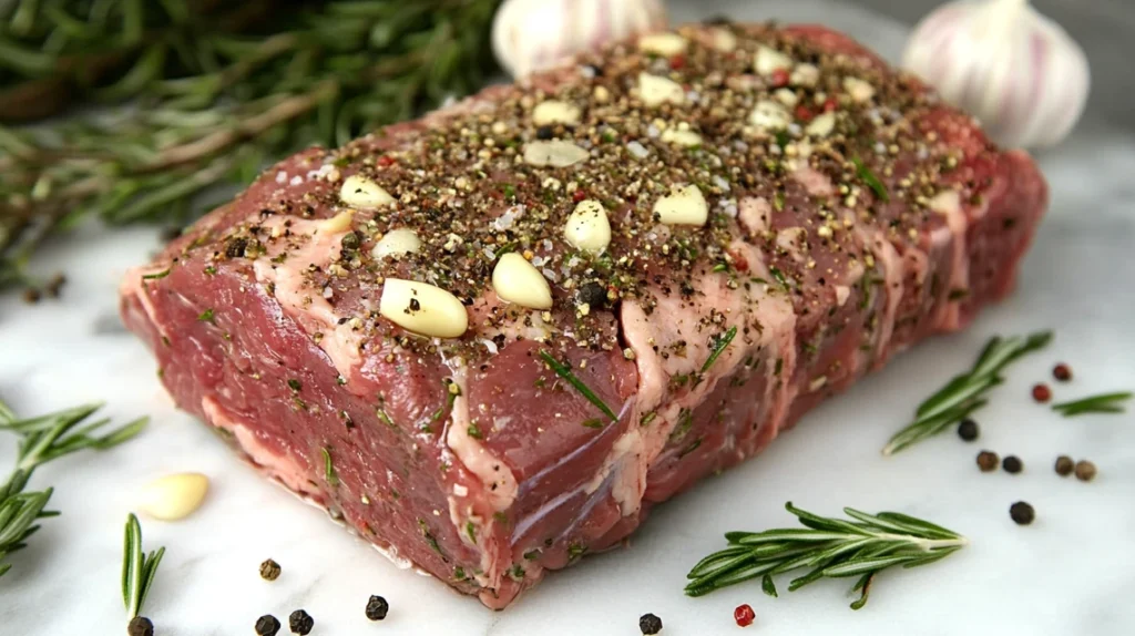 Seasoned raw chuck roast with herbs and spices.