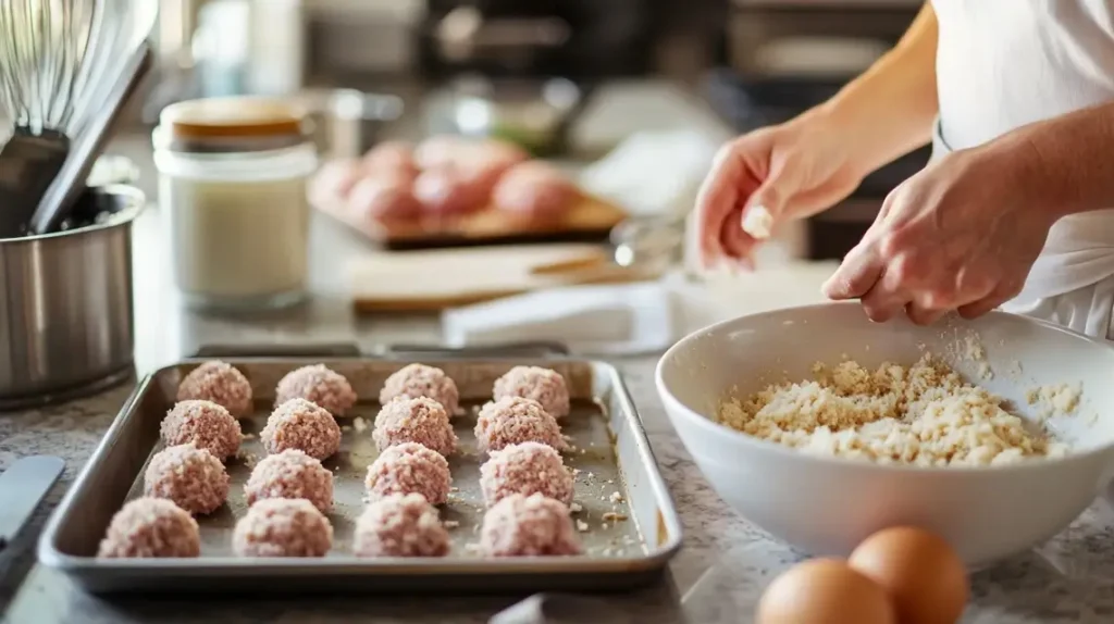 Mixing ground ham and pork for a ham balls recipe in a bright kitchen.