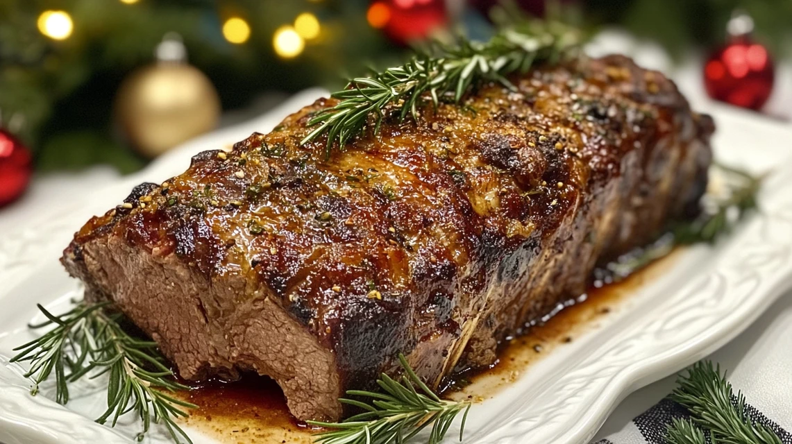 Prime rib-style beef roast with a golden crust on a white platter.