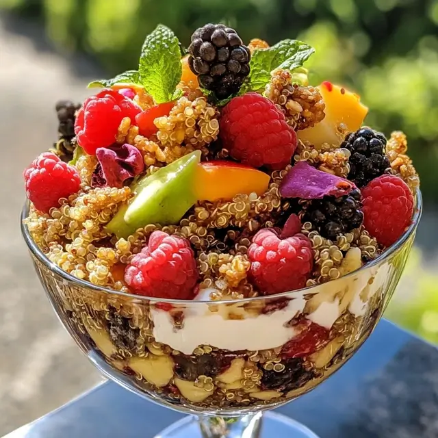 Puffed quinoa parfait with berries and yogurt on a sunny breakfast table