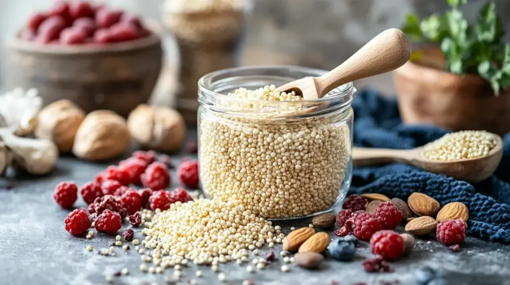 Puffed quinoa grains in a jar with fruits and nuts on a rustic counter.