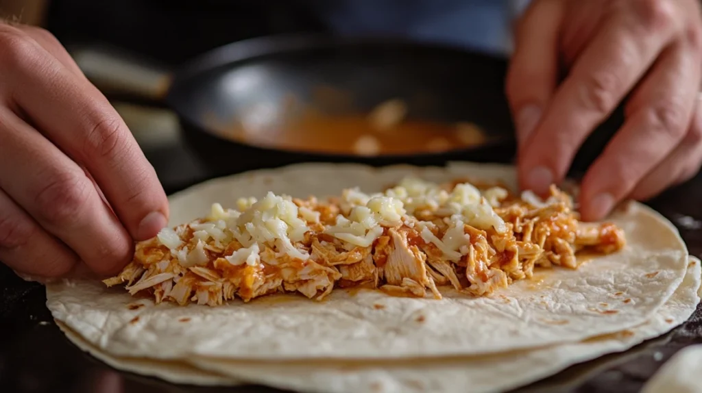  Preparing Enchiladas Rancheras by rolling tortillas