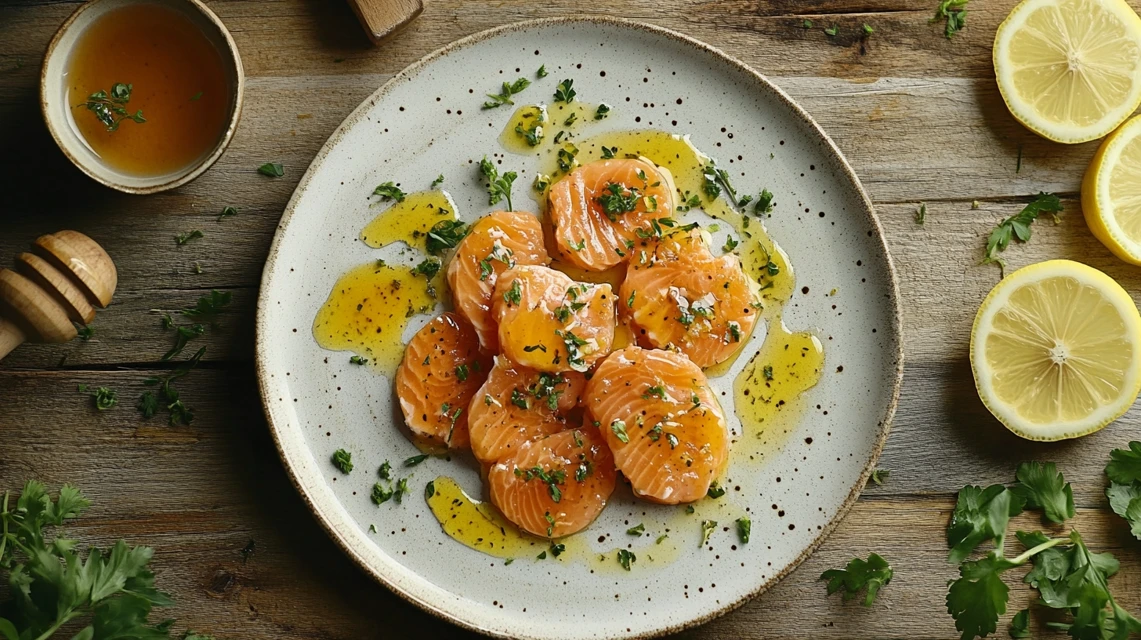 Plate of salmon candy with lemon and honey