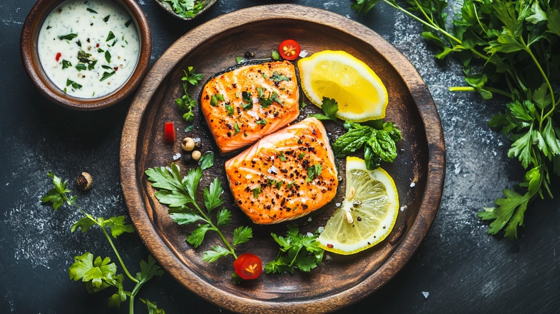 A salmon patty with golden crust served with fresh herbs and lemon slices.