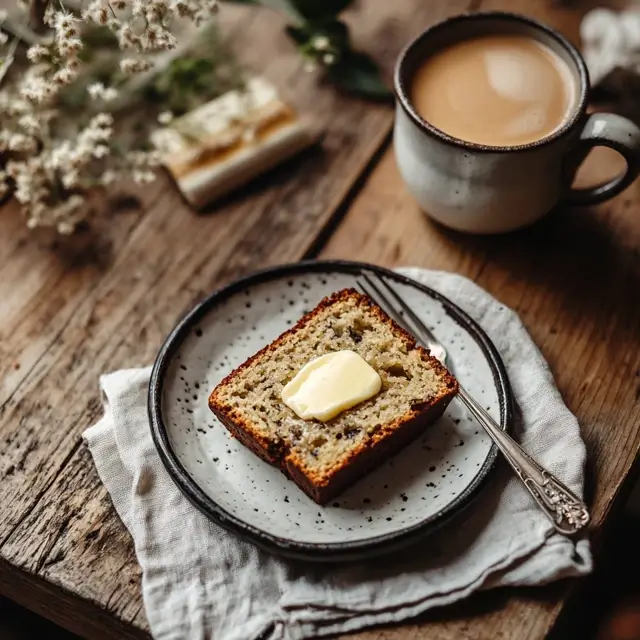 A slice of banana bread served with butter and coffee.
