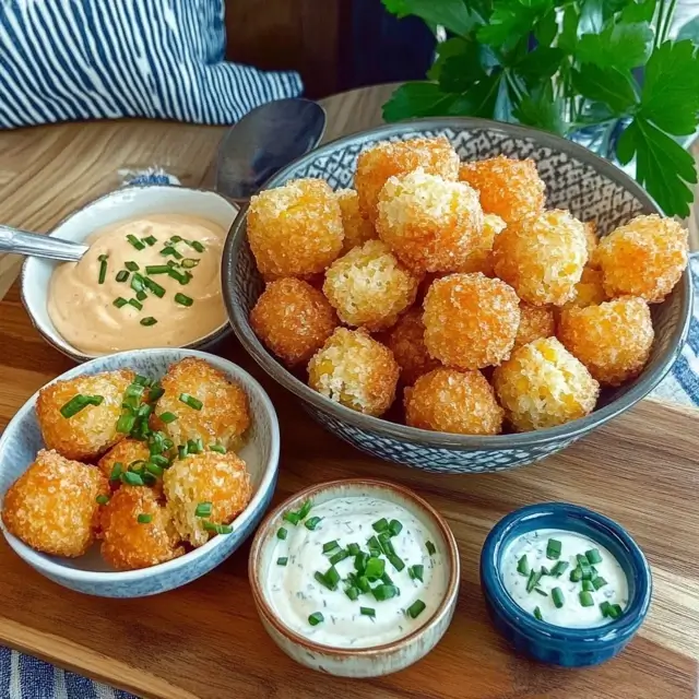 Cornbread poppers served with honey butter and dipping sauces.