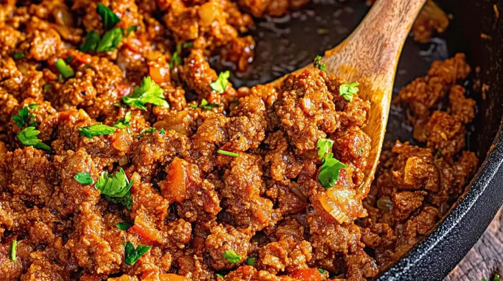 Sizzling beef chorizo in a skillet with fresh spices