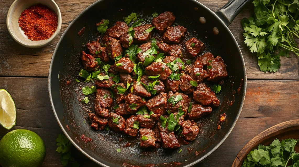 Sizzling beef chorizo in a skillet with fresh spices