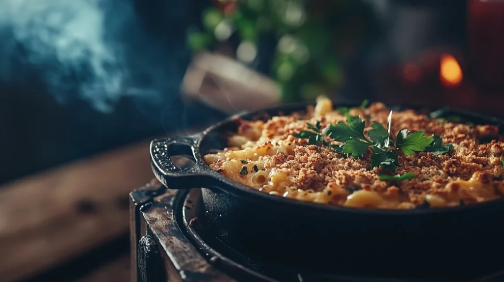 Golden smoked mac and cheese in a cast-iron skillet with crispy breadcrumbs