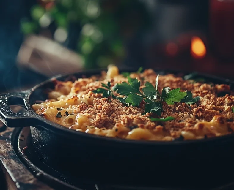 Golden smoked mac and cheese in a cast-iron skillet with crispy breadcrumbs