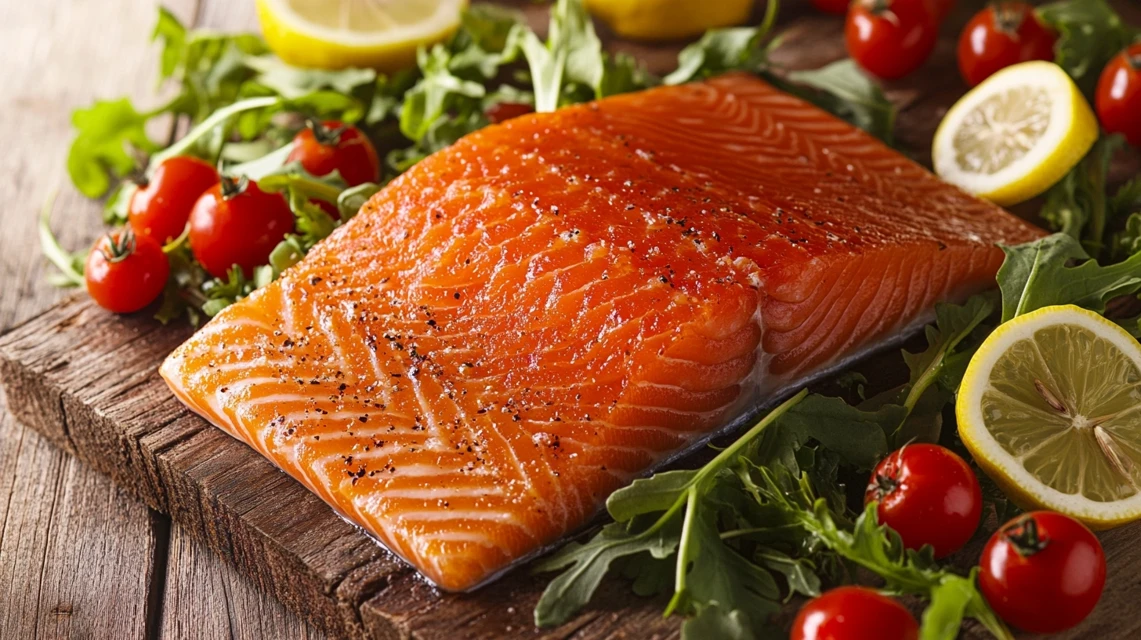 Vibrant smoked salmon salad with greens and tomatoes.