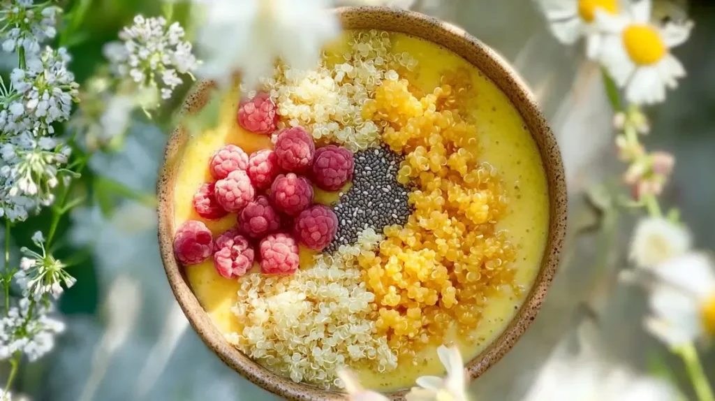 Smoothie bowl topped with puffed quinoa, fresh fruits, and honey