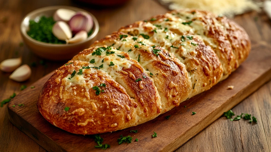 Crusty sourdough garlic bread with butter and herbs