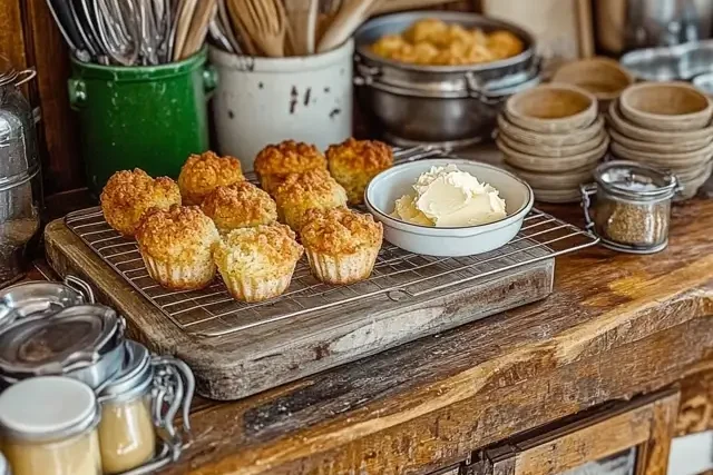 Cornbread poppers served with honey butter and dipping sauces.