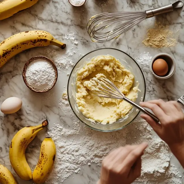 Hands mashing bananas for banana bread in a modern kitchen.