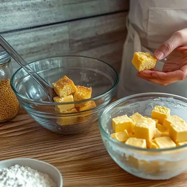 Hands mixing cornbread batter in a bowl with fresh ingredients on the counter.
