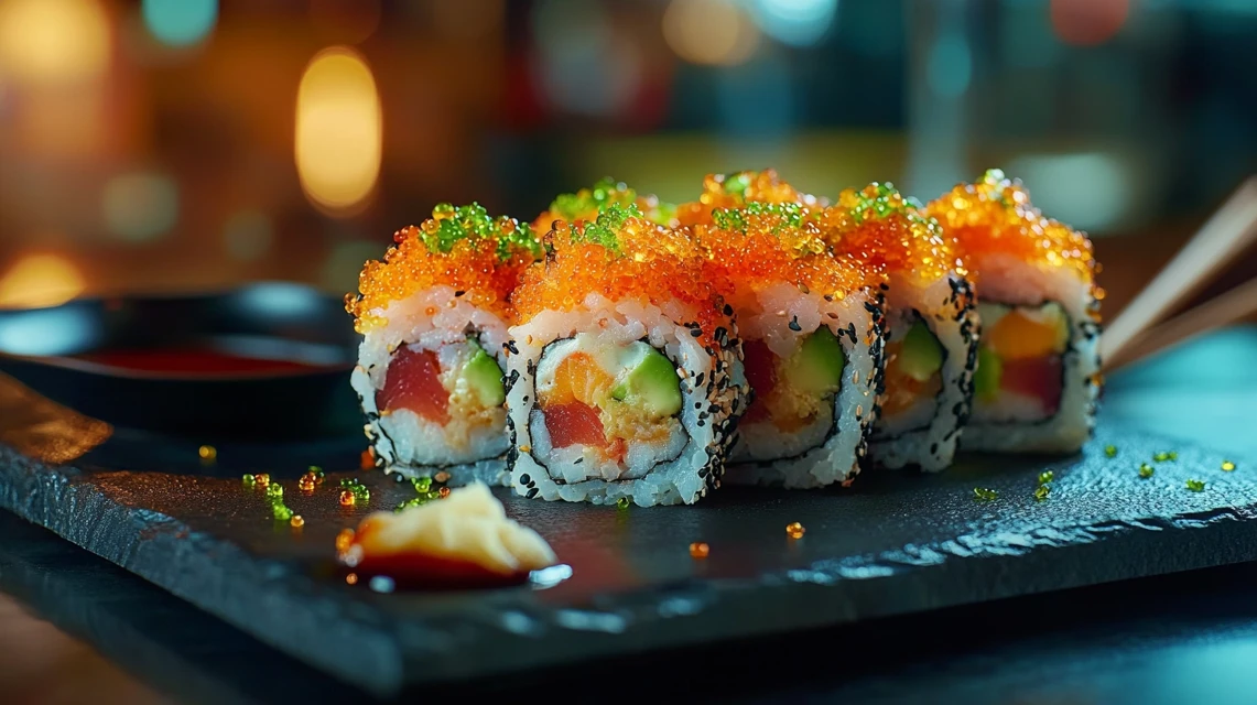 Vibrant sushi rolls with colorful tobiko toppings.