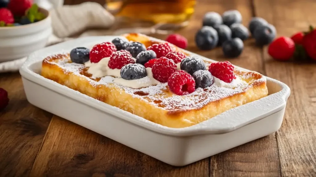 French toast breakfast casserole with berries and syrup.