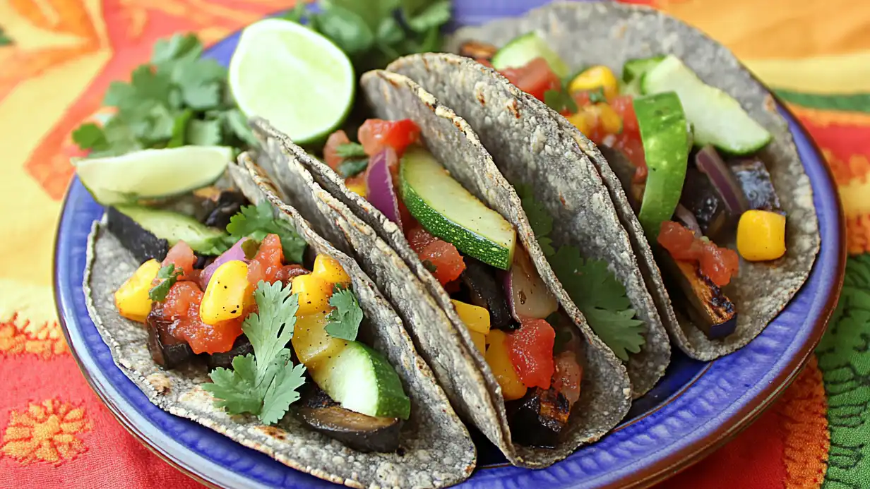 Easy Blue Corn Tortillas: Vibrant, Wholesome, and Culturally Rich Recipes 4 Tacos made with blue corn tortillas and grilled vegetables.