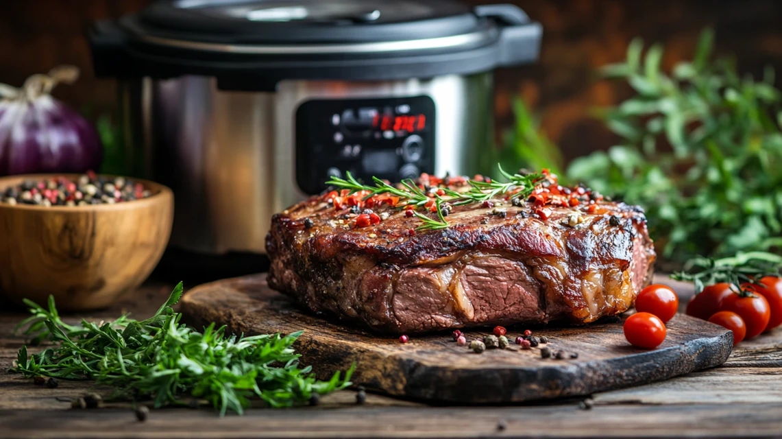 Poor Man’s Prime Rib with herbs and seasoning on a table.