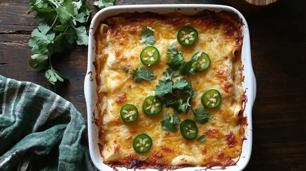 Golden-Brown Enchiladas with Cheese and Cilantro in a Baking Dish