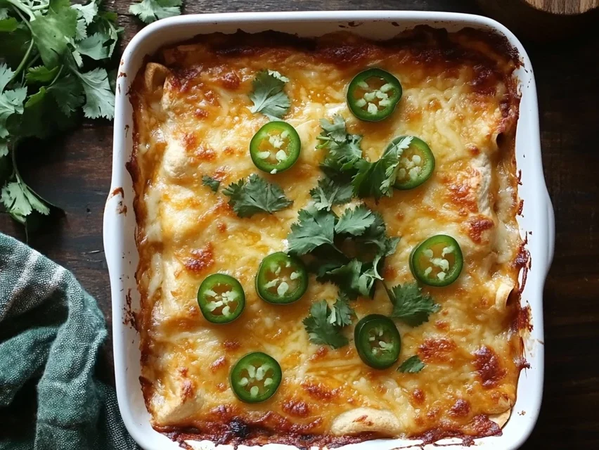 Golden-Brown Enchiladas with Cheese and Cilantro in a Baking Dish