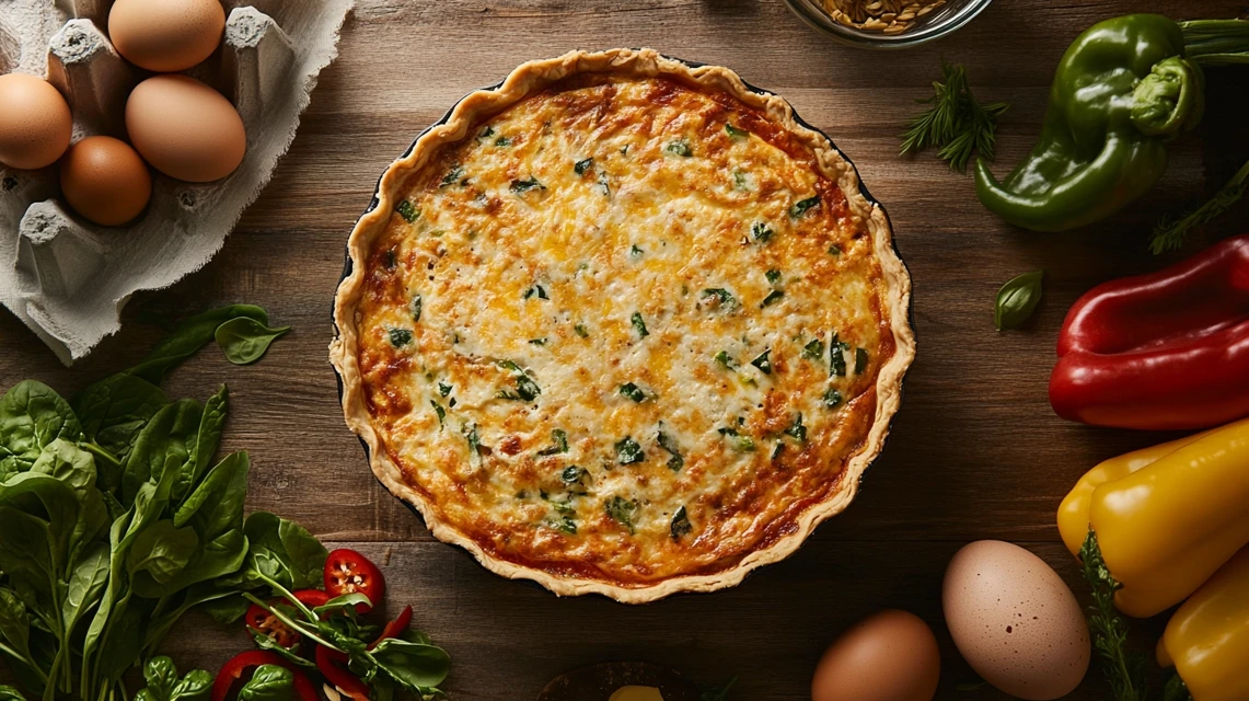 A tortilla quiche bake with golden crust surrounded by fresh vegetables.