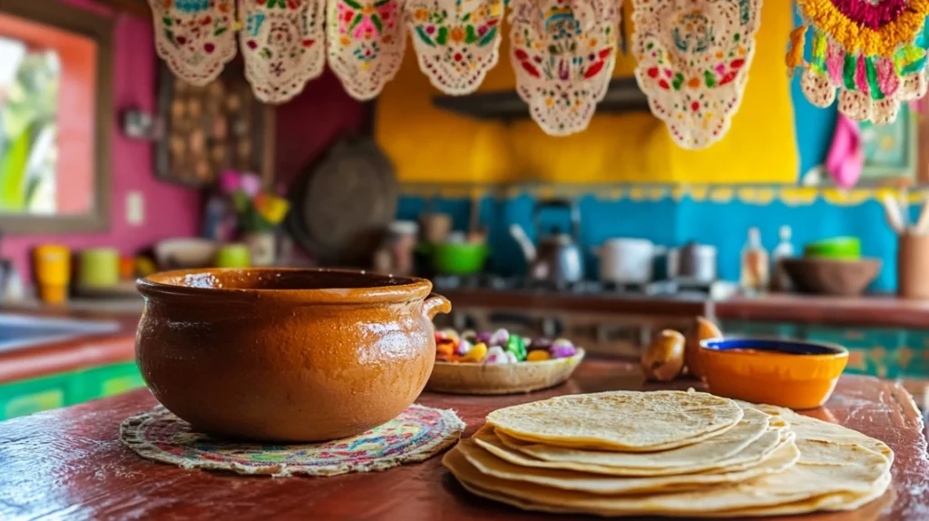 Traditional Mexican kitchen with ingredients for Enchiladas Rancheras.