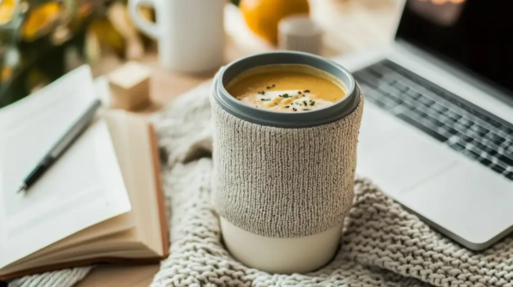 Travel mug with hot soup for on-the-go meals.