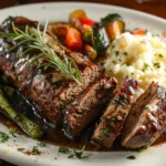 Perfectly baked meatloaf with mashed potatoes and vegetables.