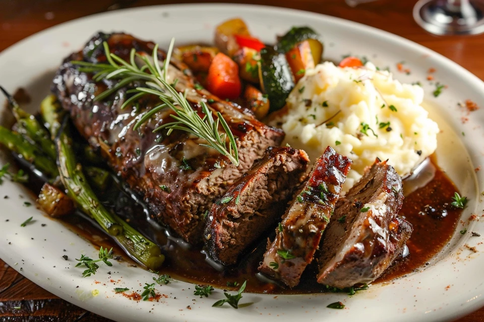 Perfectly baked meatloaf with mashed potatoes and vegetables.